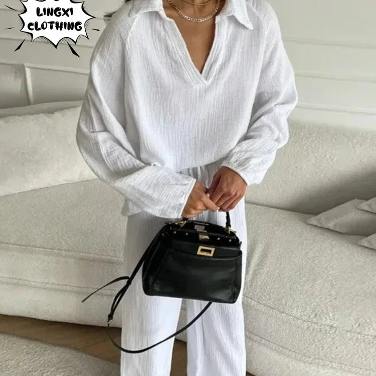 2024 Summer Fashion New Plus Size Women's Wear Set with Polo Collar Cotton Hemp Pants Elegant Solid Color Two Piece Set