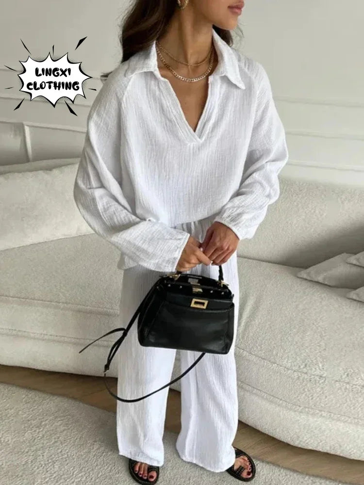 2024 Summer Fashion New Plus Size Women's Wear Set with Polo Collar Cotton Hemp Pants Elegant Solid Color Two Piece Set