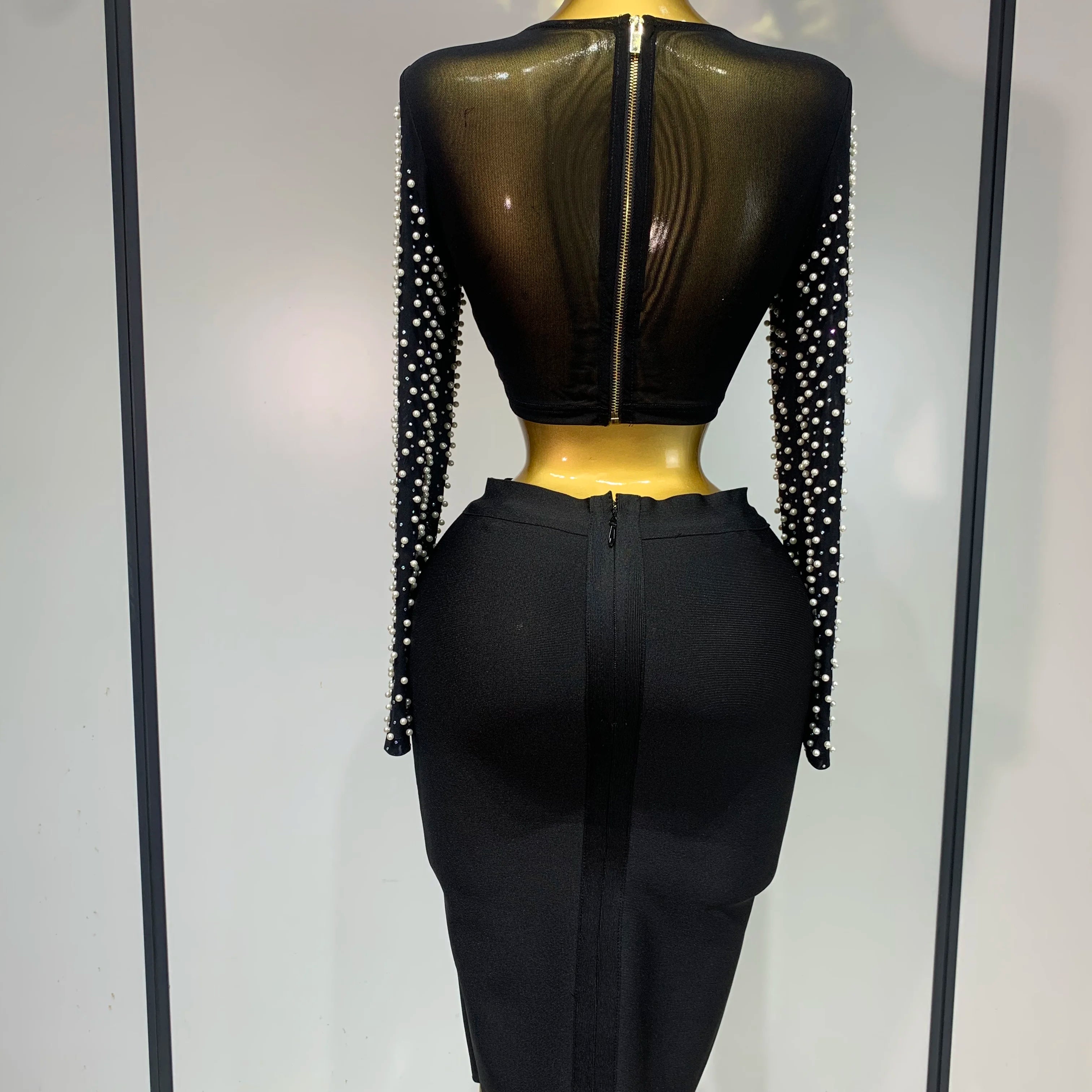 Women Sexy Long Sleeve Mesh Pearl Black Top Celebrity Midi Women Bandage Set 2025 Designer Evening Party Birthday Two Piece Set