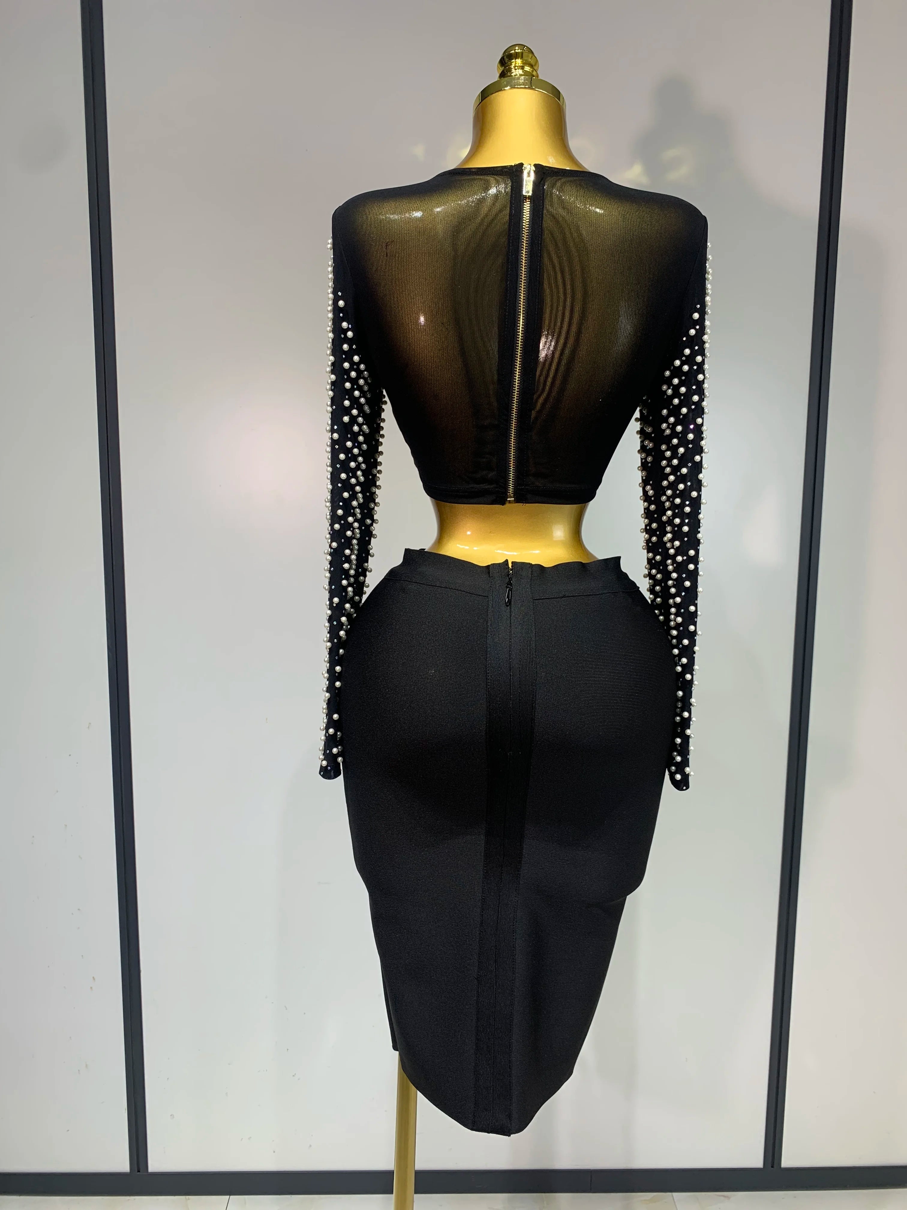 Women Sexy Long Sleeve Mesh Pearl Black Top Celebrity Midi Women Bandage Set 2025 Designer Evening Party Birthday Two Piece Set