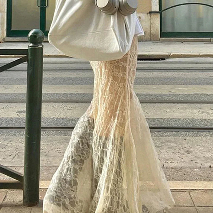 Women Lace Fishtail Skirt Casual for Beach Vacation See Through Mid-Waisted Maxi Skirts Women Autumn Spring