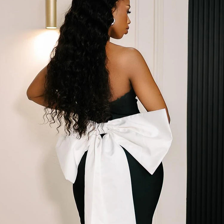 Glamorous Black Mermaid Strapless V-Neck Dress Gown with Bow Detail for Galas Wedding Party