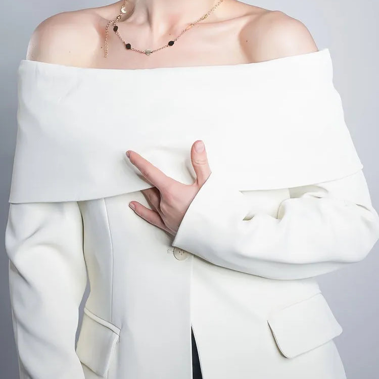 Solid Temperament Blazers For Women Slash Neck Long Sleeve Patchwork Pocket Minimalist Slim Blazer Female Fashion