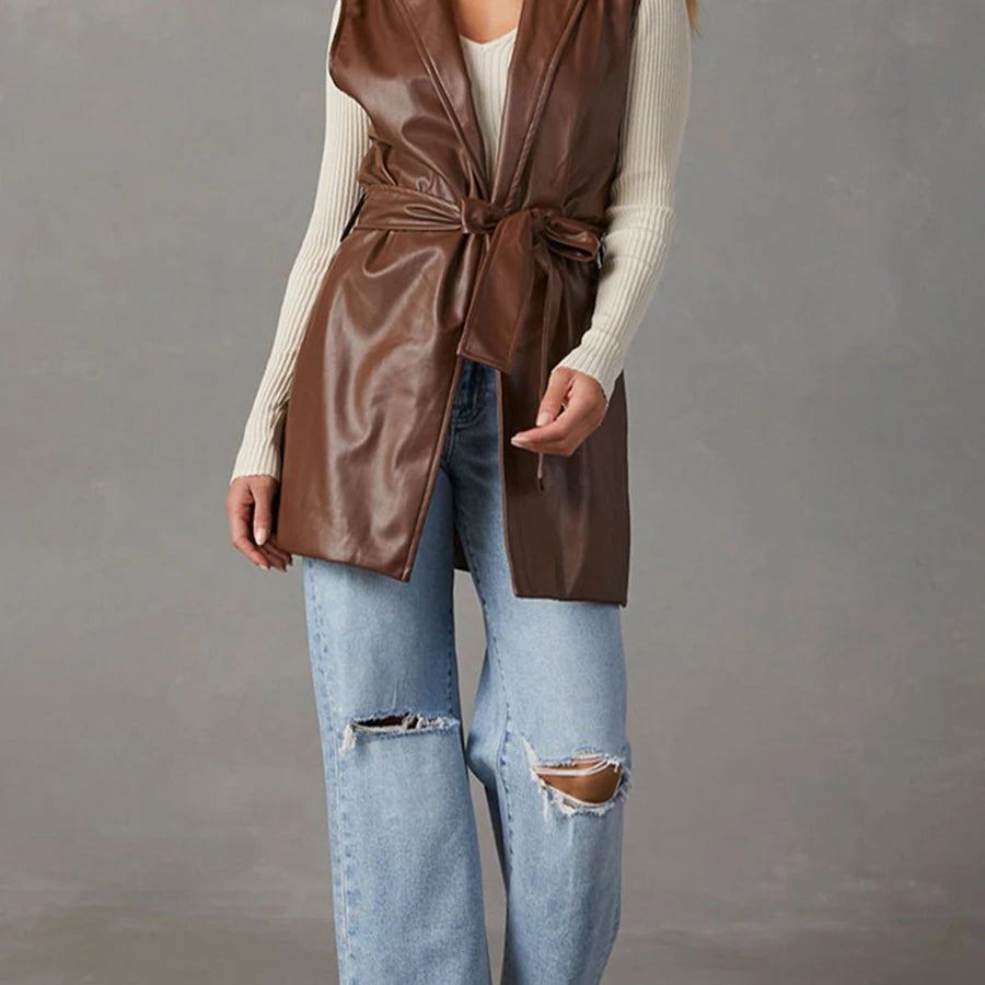 Women PU Leather Blazer Casual Sleeveless Lapel Collar Solid Color Jacket Autumn Outwear with Belt