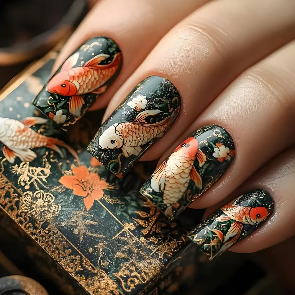 24Pcs Lightning Stripe Smudging Press on Fake Nails Mid-length Square Head False Nails Green Wearable Fashion Full Nail Art Tips 17