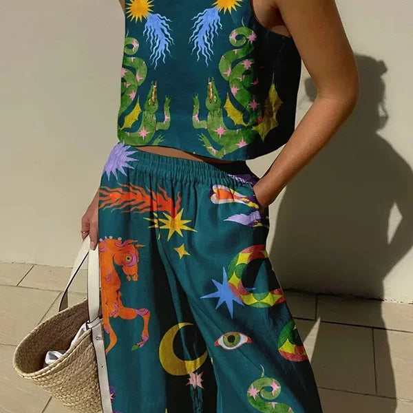 Casual Printed Pant Suits For Women Vintage Crew Neck Sleeveless Vest High Waist Loose Trouser Sets Female Beach Holiday Outfits Green