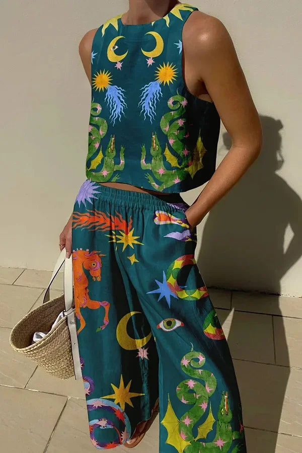 Casual Printed Pant Suits For Women Vintage Crew Neck Sleeveless Vest High Waist Loose Trouser Sets Female Beach Holiday Outfits Green