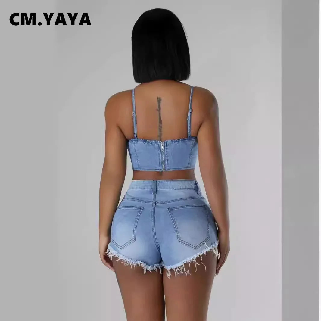 Women Set Denim Strapless Pearl Beading Top + shorts Sets Street Casual Two 2 Piece Set Sexy Party Outfit 2024 Summer
