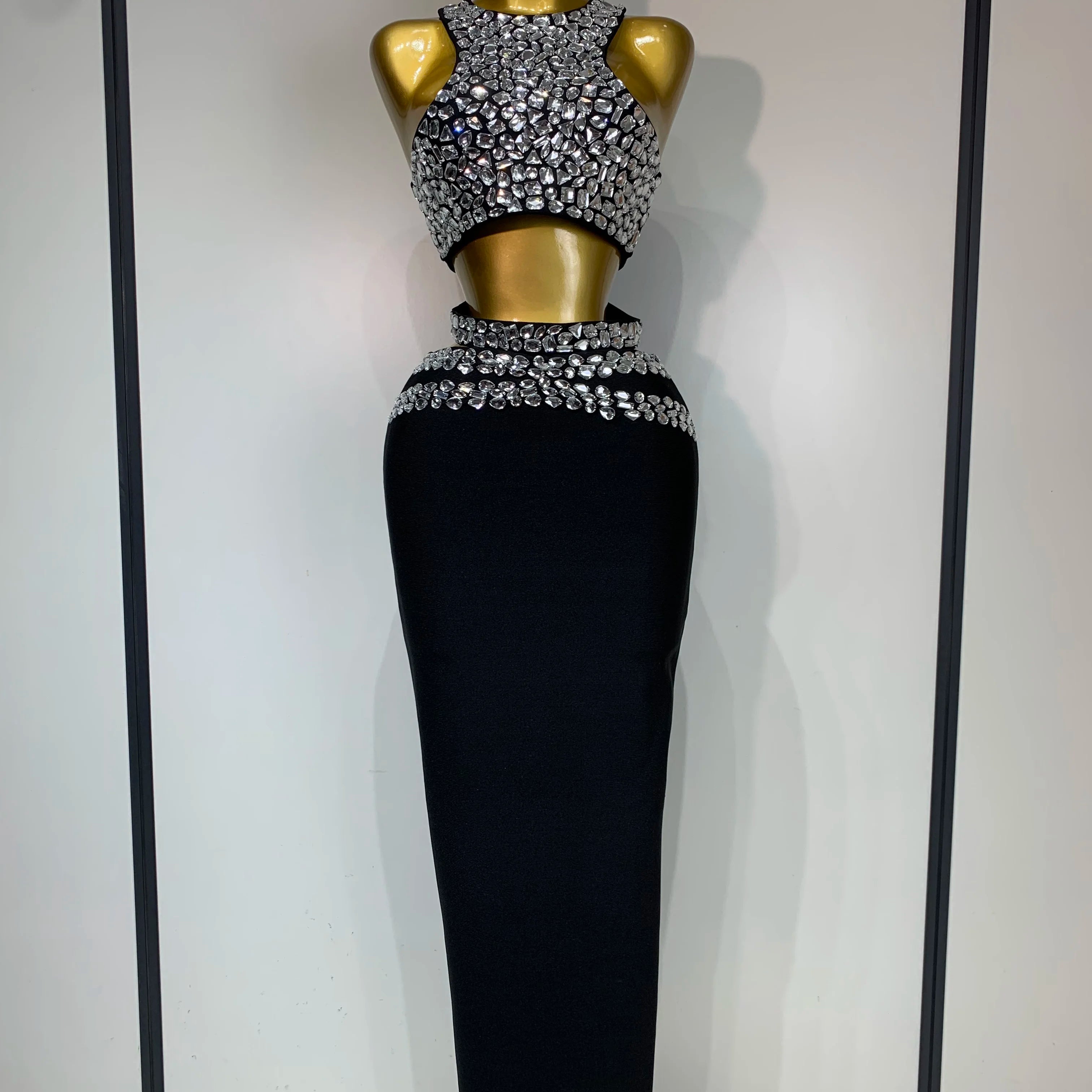 Sparkly Crystal Bodycon Long Bandage Dress 2025 Women Sexy Top Two Pieces Set Nightclub Elegant Party Birthday Stage Costume black