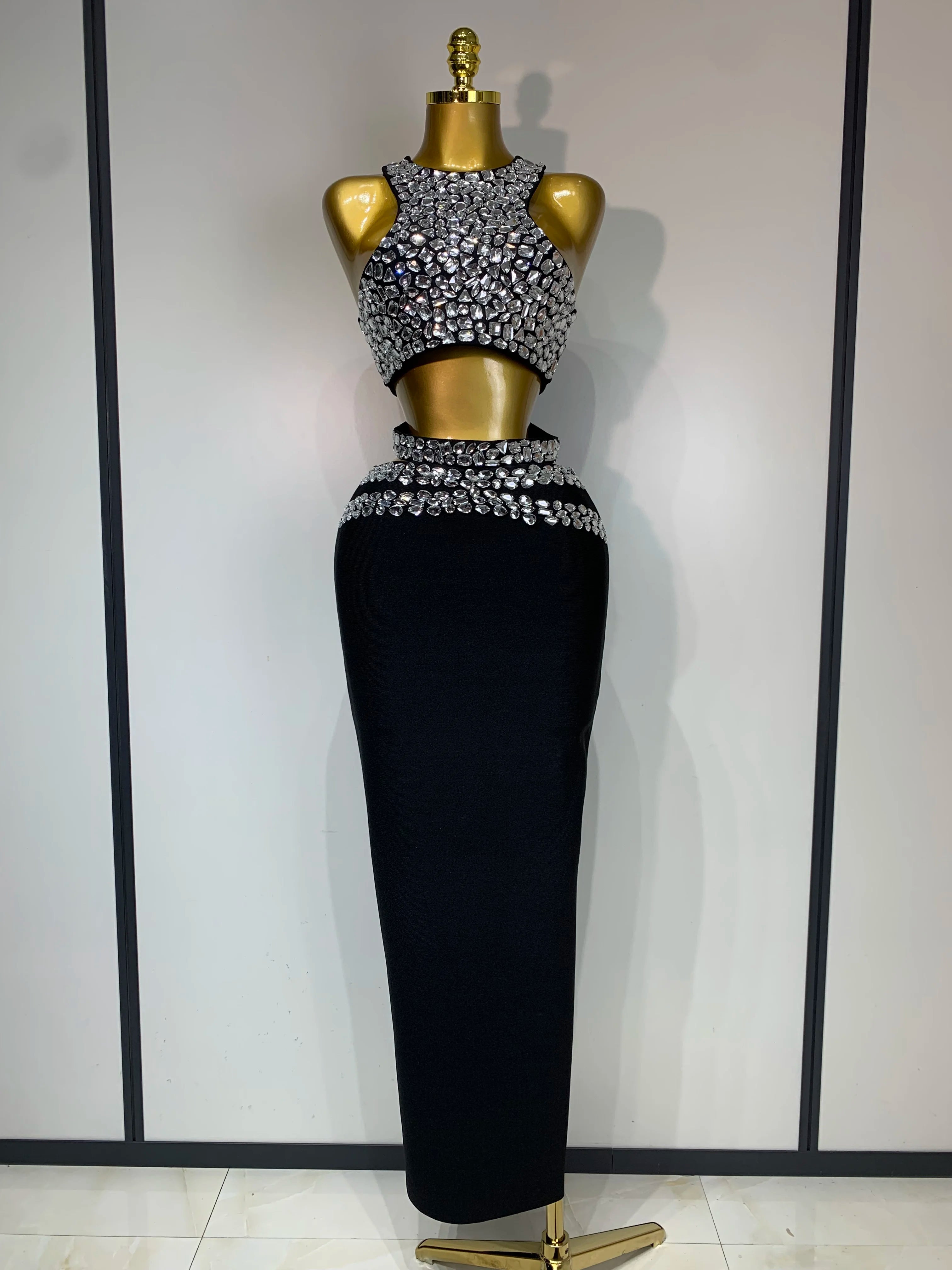 Sparkly Crystal Bodycon Long Bandage Dress 2025 Women Sexy Top Two Pieces Set Nightclub Elegant Party Birthday Stage Costume black