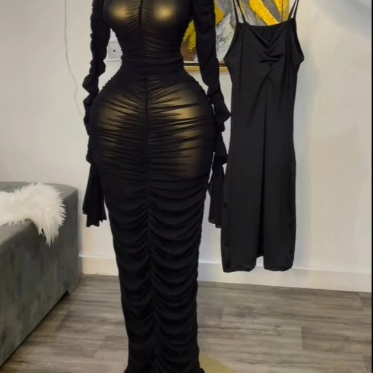 Women Flare Long Sleeve Stacked Ruched Mesh See Though with Tank Dress Maxi Long Dress 2025 Birthday Sexy Party Dresses black