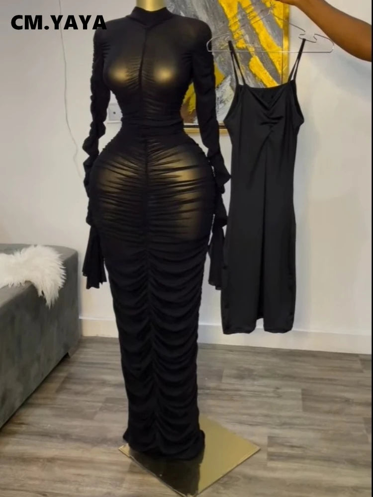 Women Flare Long Sleeve Stacked Ruched Mesh See Though with Tank Dress Maxi Long Dress 2025 Birthday Sexy Party Dresses black