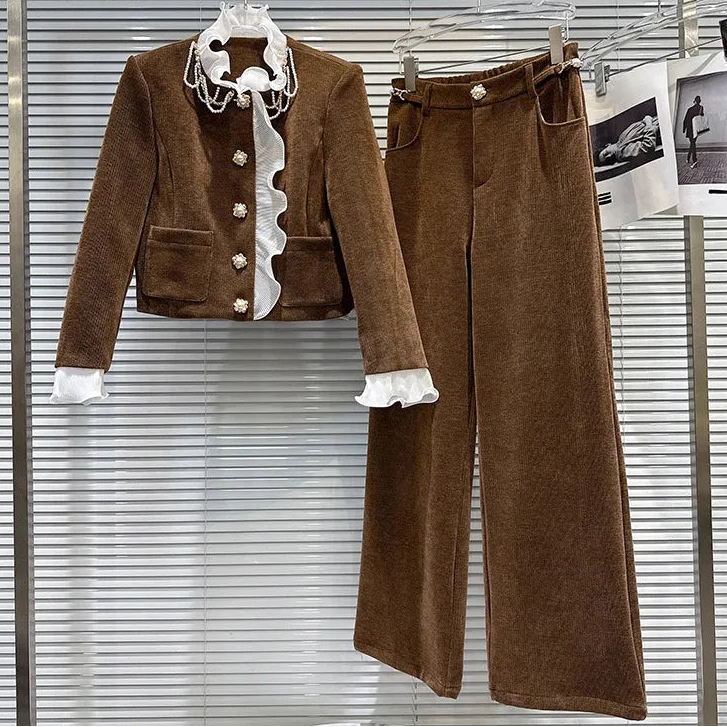 Winter New Fashion Pearl Chain Cotton Jacket Corduroy Straight Pants Two-pieces Set For Women 11A07593