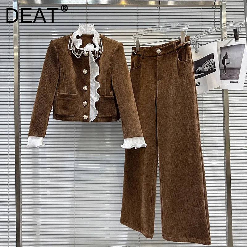 Winter New Fashion New Style Pearl Chain Cotton Jacket Corduroy Straight Pants Two-pieces Set For Women 11A07593