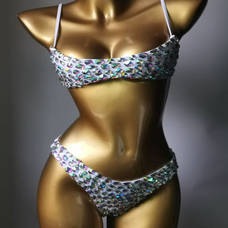 Swimwear Bikini Sets Swimsuit 2024 Summer Beach Shiny Crystal Rhinestone Padded Push Up Bikinis Set Outfits For Women White 3