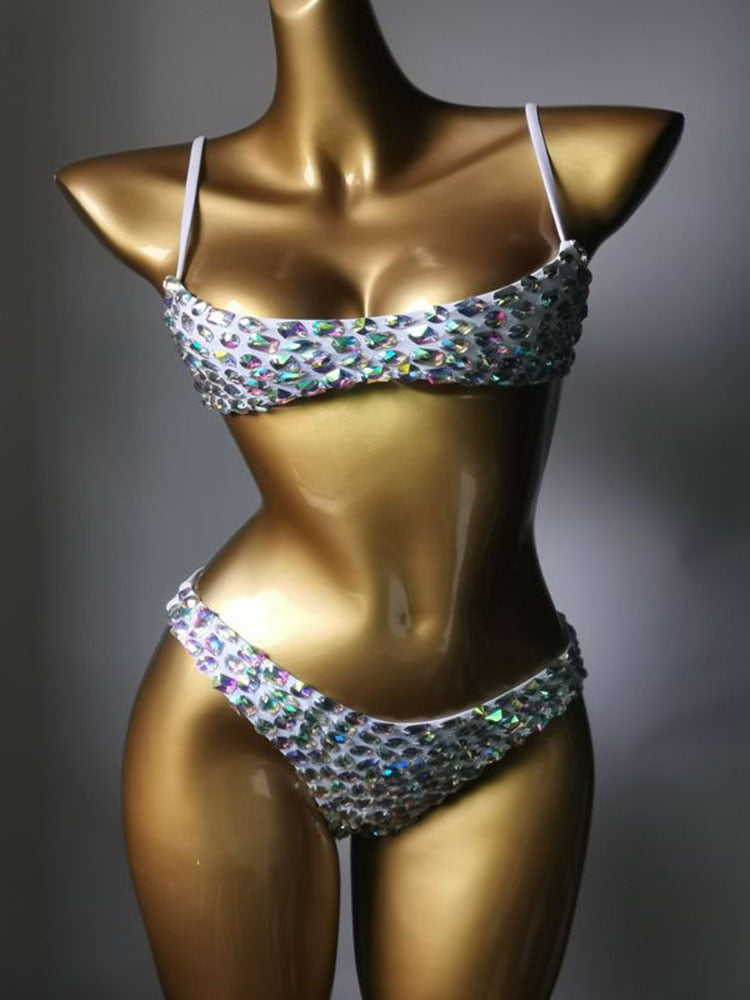 Swimwear Bikini Sets Swimsuit 2024 Summer Beach Shiny Crystal Rhinestone Padded Push Up Bikinis Set Outfits For Women White 3