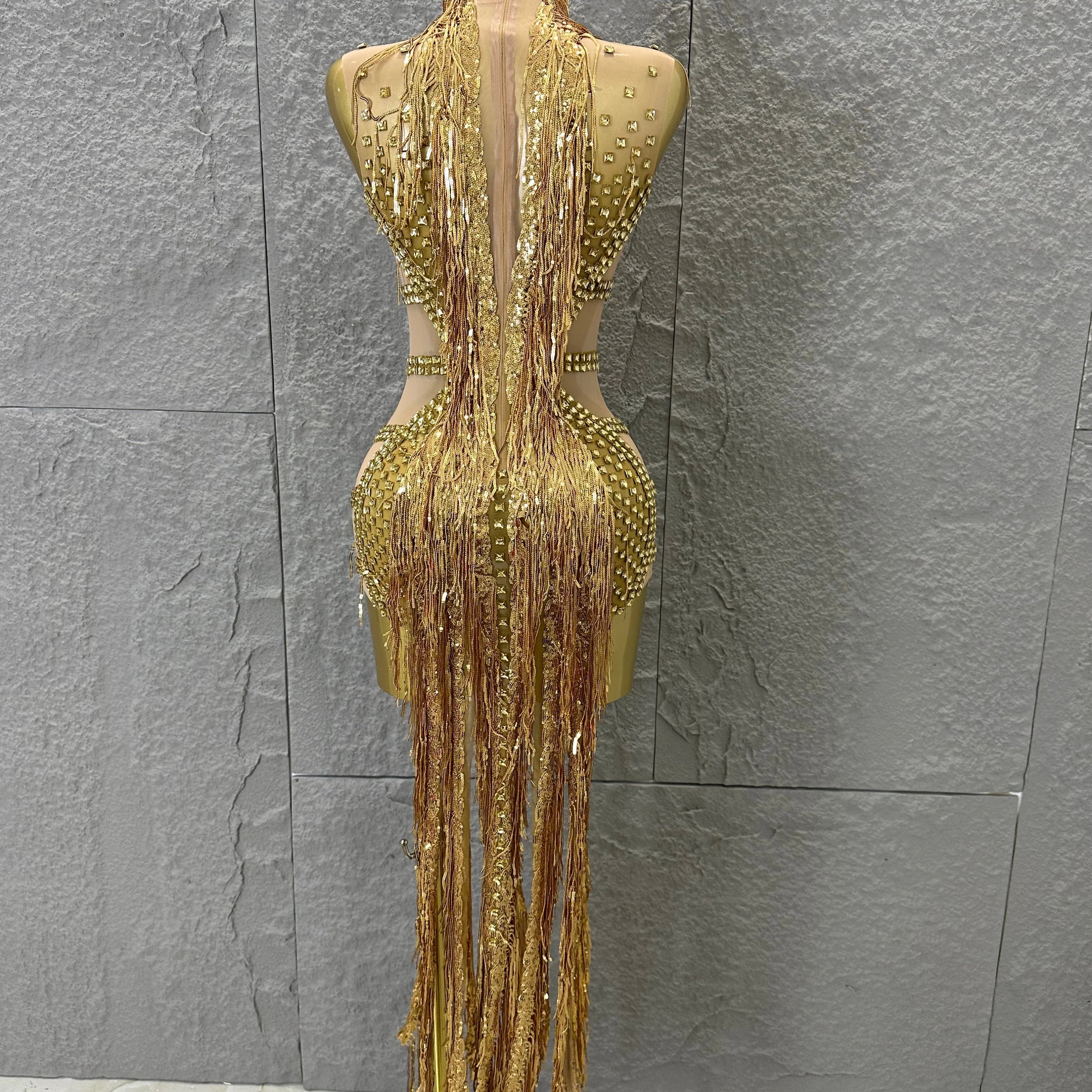 Opulent Gold Halter Neck Mini Dress Women Sexy Crystal Embellished Fringe Trim Form-Fitting Outfit Formal Event Party Costume