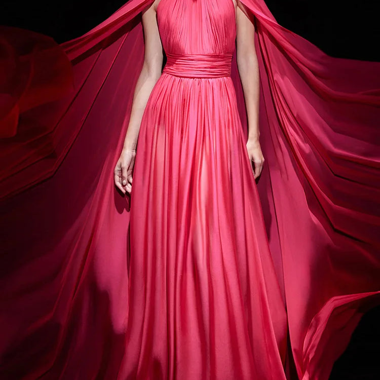 2025 New Arrival Red Color Women Fashion Cloak Sleeve Slim Floor-length Dress Elegant Eveening Party Celebrate Prom Outfit Red