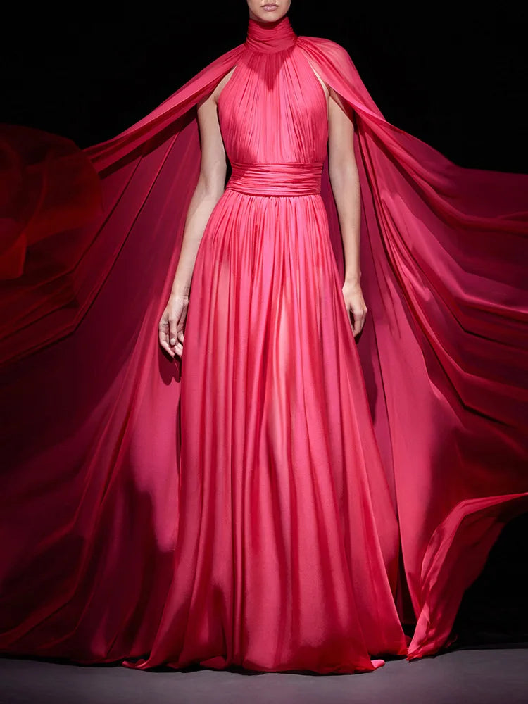 2025 Red Color Women Fashion Cloak Sleeve Slim Floor-length Dress Elegant Eveening Party Celebrate Prom Outfit Red