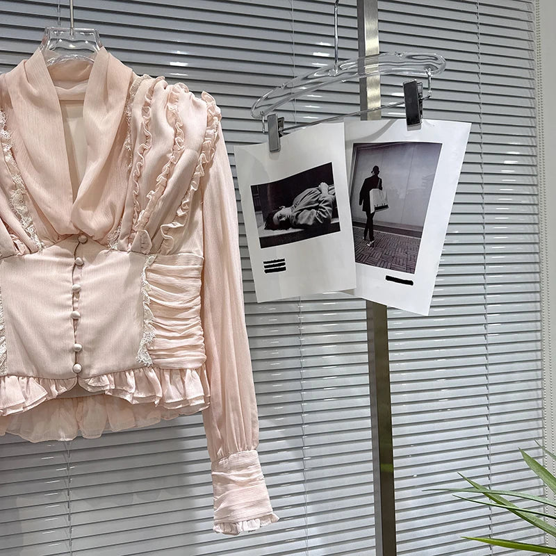 Winter New Sweet Temperament V-neck Heavy Pleated Edge Waist Design Chiffon Blouse For Women Small Shirt 11A07900