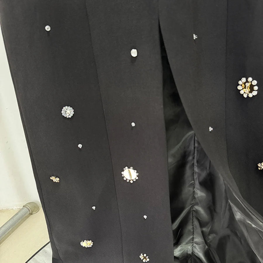 Hit Color Spliced Bead Luxurious Dresses for Women Round Neck Long Sleeve Patchwork Wave Point Elegant Dress Female