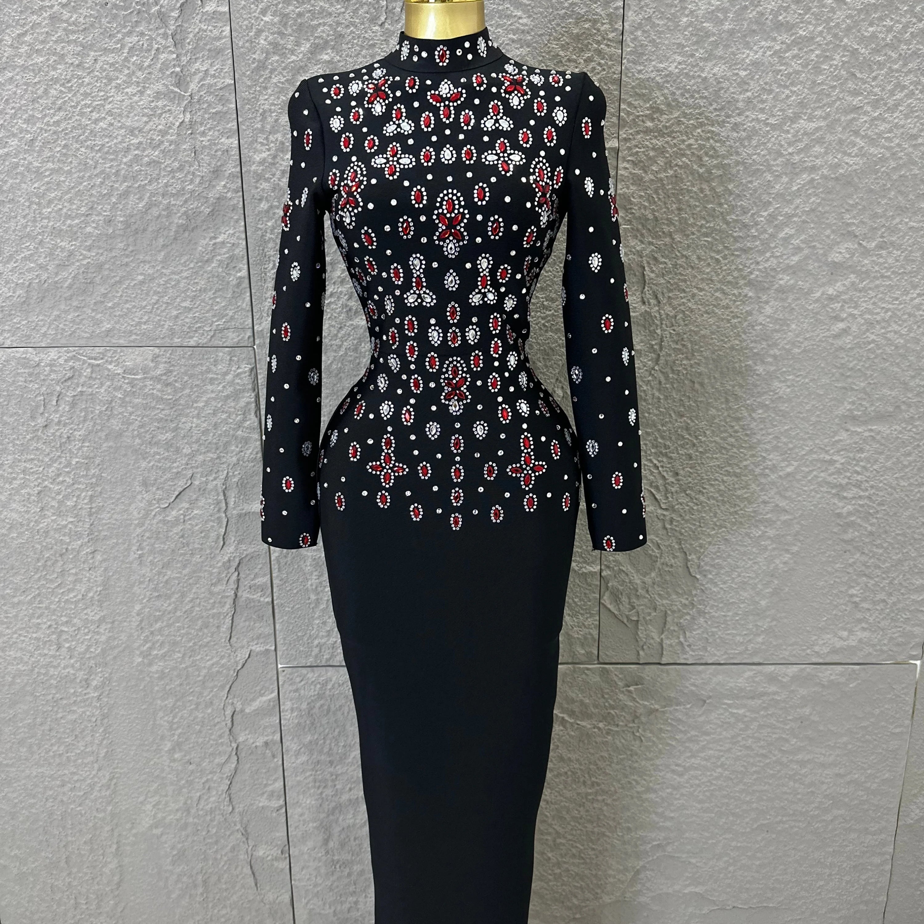 Women Sexy Long Sleeve Crysta  Red Rhinestone Embellished Bodycon Outfit Formal Event Party Elegant Black High Neck Maxi Dress