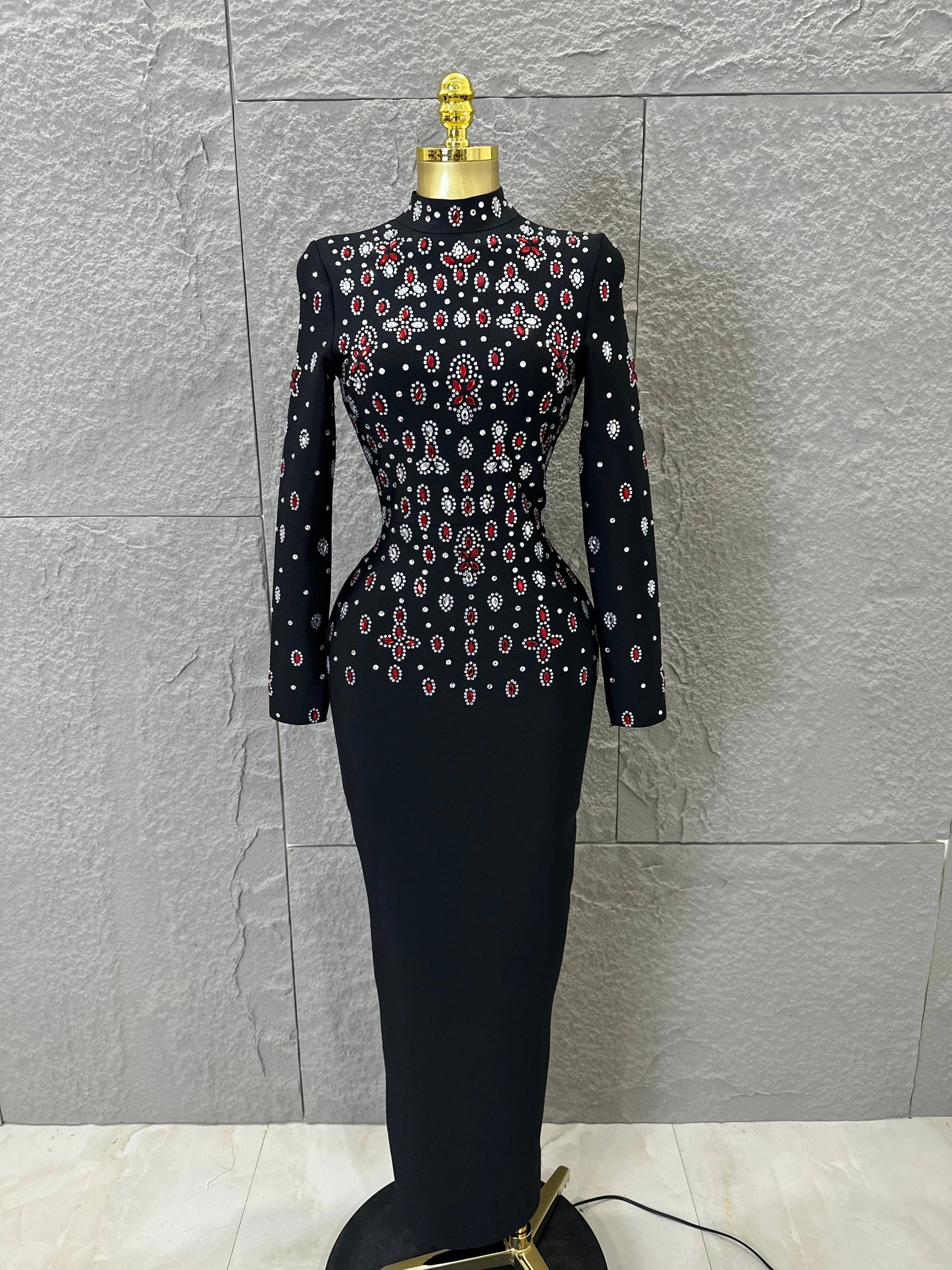 Women Sexy Long Sleeve Crysta  Red Rhinestone Embellished Bodycon Outfit Formal Event Party Elegant Black High Neck Maxi Dress