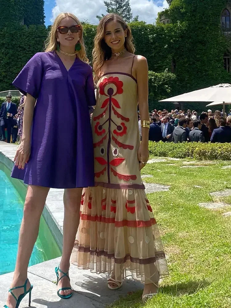 Elegant Print Mesh Ruffles Long Dress For Women Chic Spaghetti Strap Sleeveless Backless Vestidos Lady Holiday Party Robe