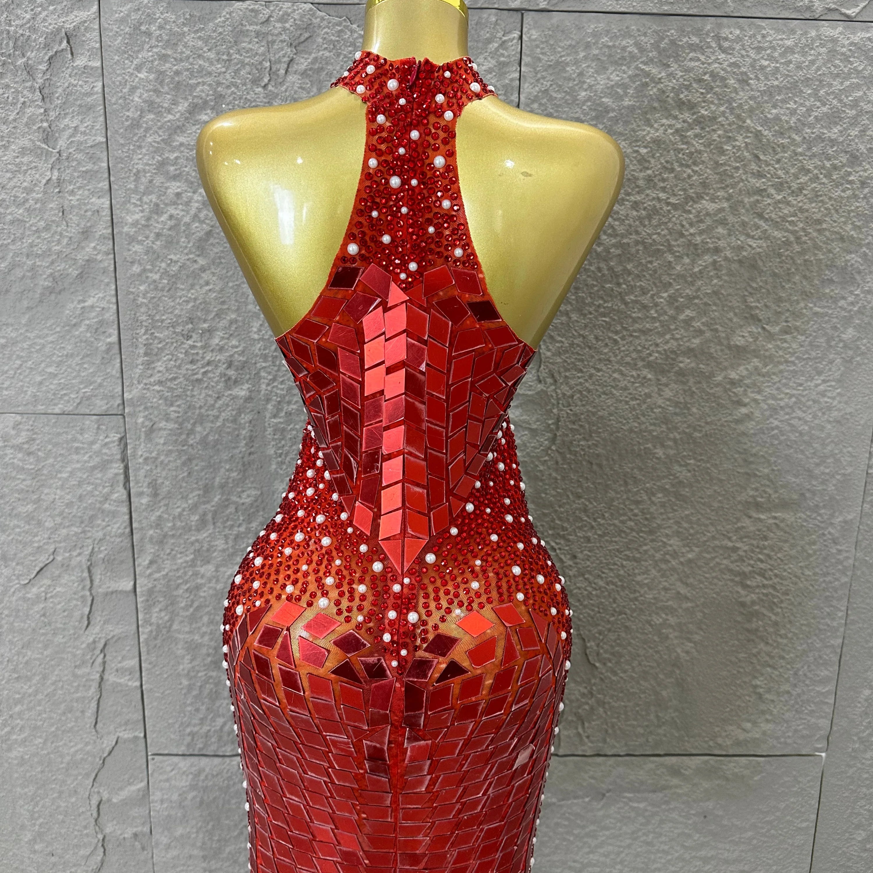 Luxury Gold Red Halter Neck Bandage Mini Dress Diamond Mirror Pearl Embellished Bodycon Formal Evening Gown