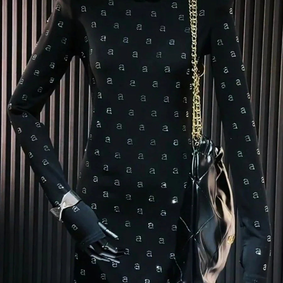 AW Wang Diamond A Letter Slim Fit Stretch Black Long Sleeve Short Skirt For Women Evening Party Dress Vestidos Midi Clothing