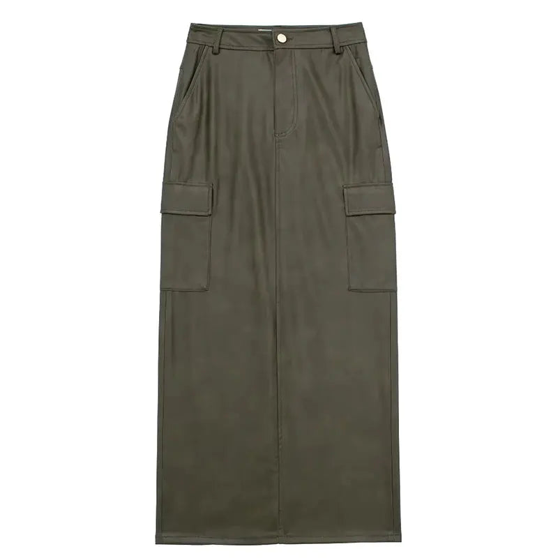 Women Fashion Skirts Spring And Summer Trend Imitation Leather Loose Long Skirt Woman Casual With Pockets Women's Skirts ArmyGreen