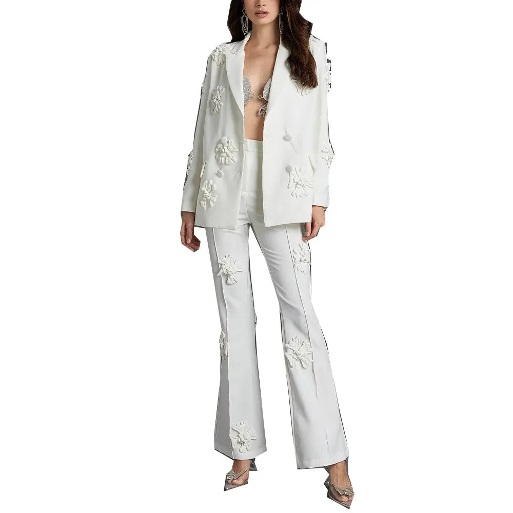 Solid Patchwork Appliques Two Piece Sets For Women Lapel Long Sleeve Coat High Waist Pant Chic Set Female Clothing WHITESET