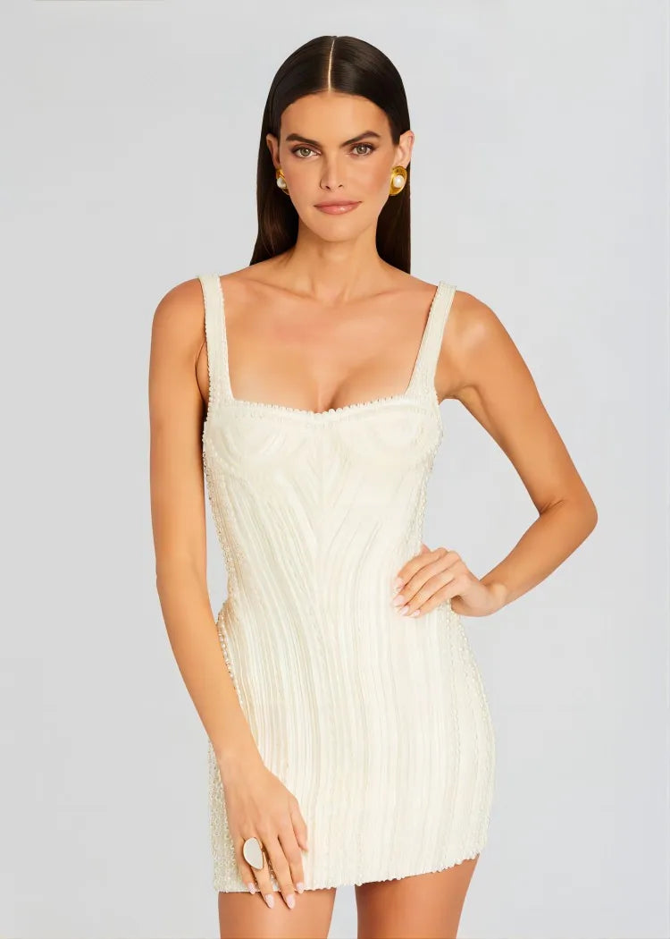 Women Sleeveless Sexy Strap Pearl Beading Bodycon Mini Dress Cute Girls' Birthday Party Celebrate Dress Wholesale