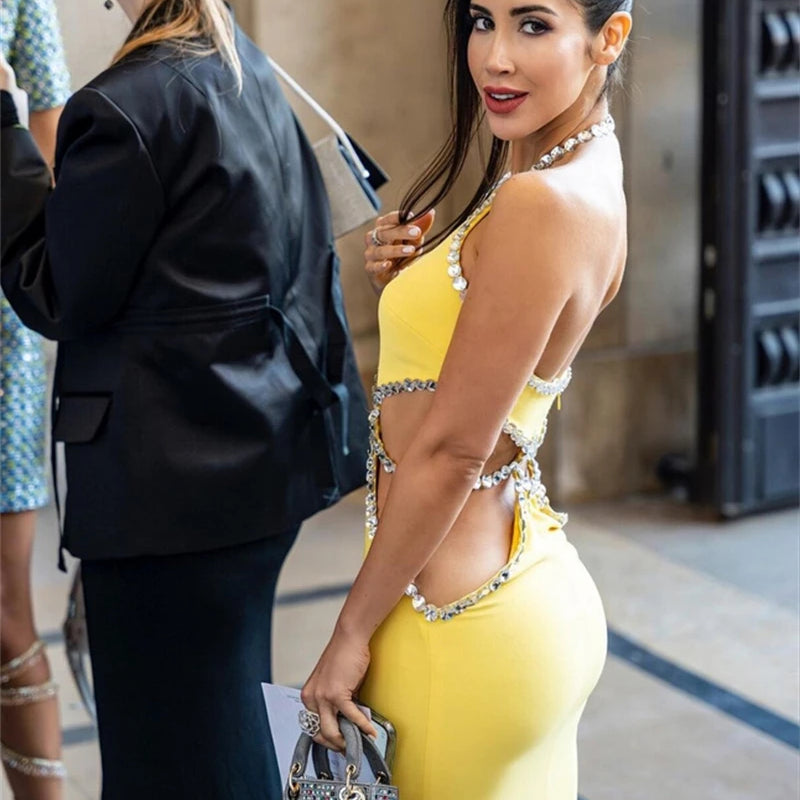 STOCK Lemon Yellow Sexy Hollow Out Sparkling Diamonds Ankle Length Bandage Dress Elegant Woman Evening Party Outfit