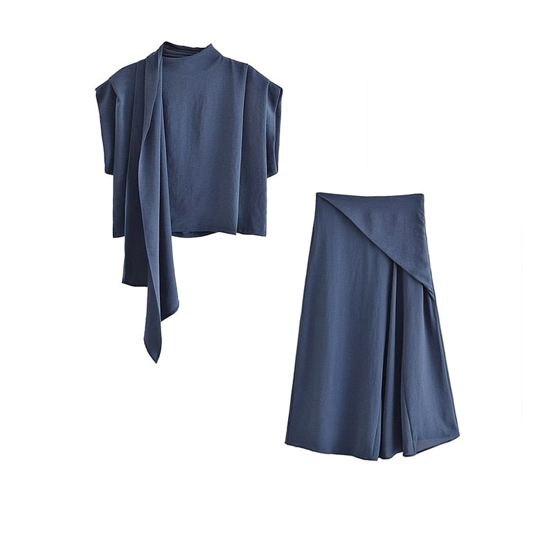 TRAF 2024 Spring/Summer Women's Solid Color Set Wrap Collar Mismatch Sleeveless Causal Top A-line Wide Drop Ankle-Length Skirt 2Pcs