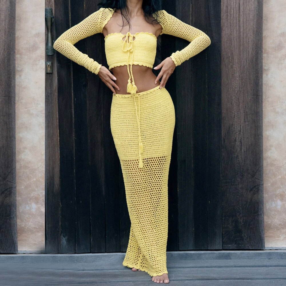 Summer Knit Long Skirt Women Sexy Holiday Party Beach Cove-Up Midi Skirt Dropped Waist Solid Bodycon Maxi Skirt Slim Beach skirt