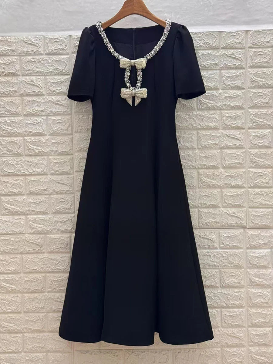 Solid Slimming Spliced Bowknot Elegant Dresses for Women Round Neck Short Sleeves Patchwork Bead Dress Female New BLACK