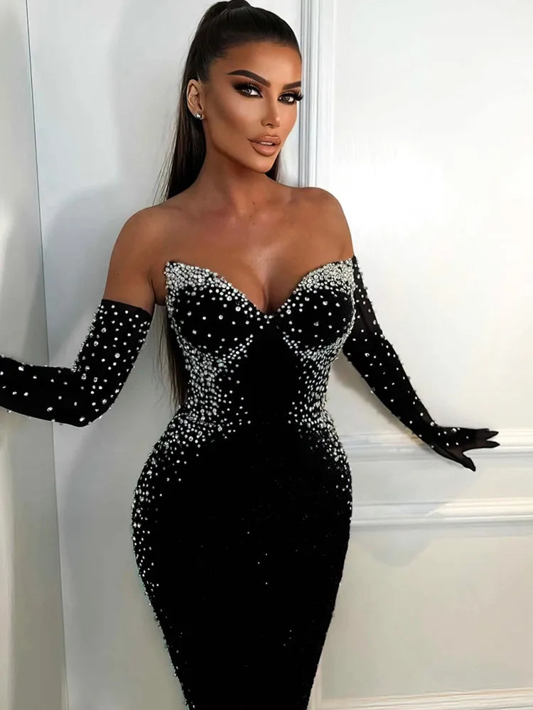 Sexy Strapless Backless Pearl Beading Black Long Bandage Women Celebrity Dress 2025 Elegant Party Evening Club Vestido Clothing
