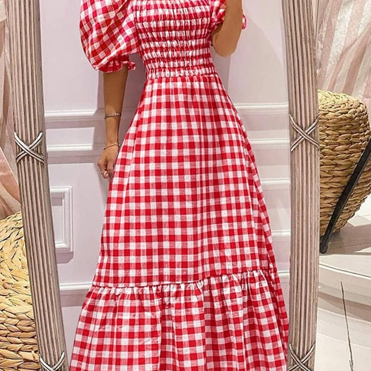 VONDA Summer Long Maxi Dress Women 2024 Casual Short Sleeve Square Collar Vintage Plaid Party Bohemian Vestidos Loose Sundress A-Red