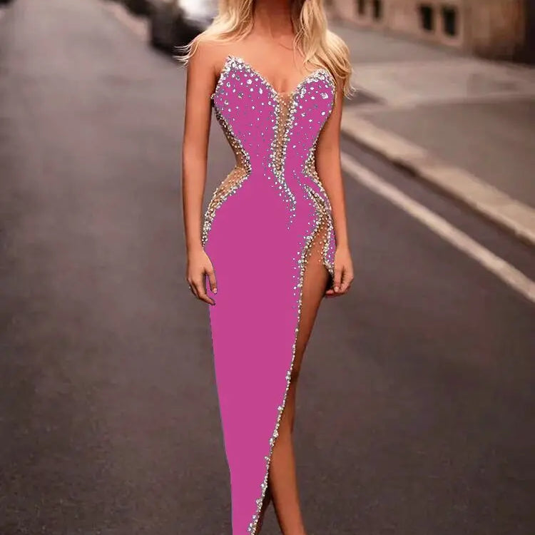 White Pink Blue Color Women Sexy Strapless Shinning Crystal Bodycon Bandage Maxi Dress Celebrate Evening Party Outfit Vestido