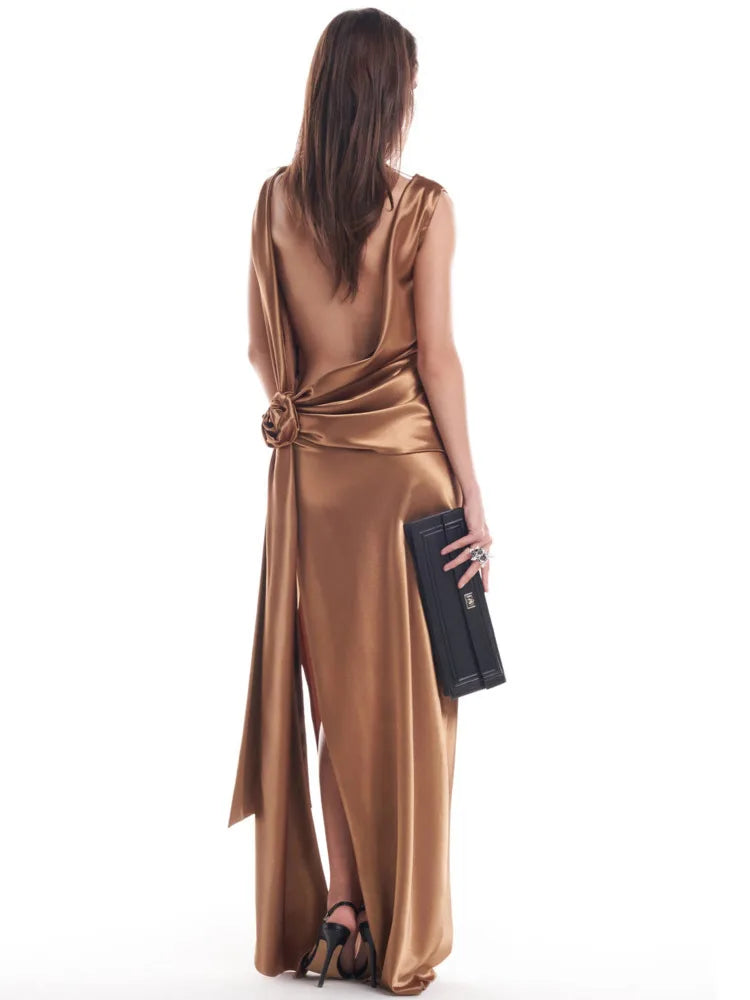 Mozision Satin Backless Sexy Maxi Dress For Women Elegant Rose Thigh High Split Beach Holiday Long Dress Gorgeous Club Gown Brown