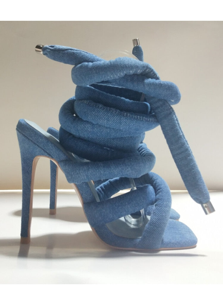 Summer New Square Head Slim High Heel Sandals Wrapped Around The Feet Fashion Show Dress 43 Large Women's Sandals Dark blue denim