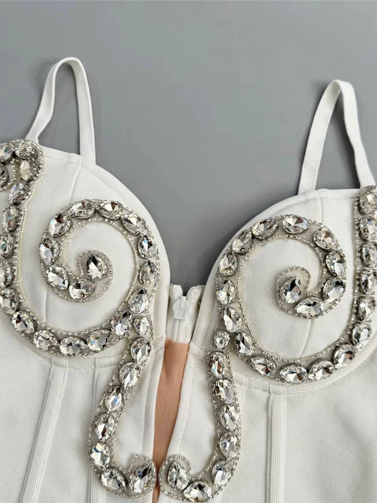 Luxurious White Strappy Sleeveless Dress with Crystal Details for Galas Evening Wedding Gown