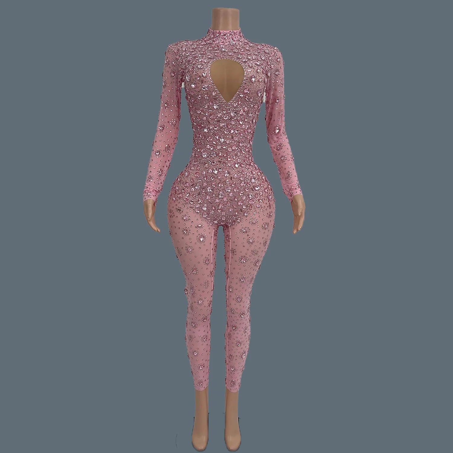 Sparkly Rhinestone See Through Mesh Tight Fitting Jumpsuit Women Night Party Outfit Female Singer Stage Performance Wear Cuican Pink