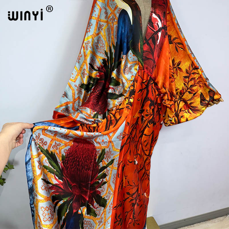 Sexy bech high-quality hand-rolled feel silk rayon fashion print 2024 WINYI Maxi Women's robes long beach V-neck Bohemian dress