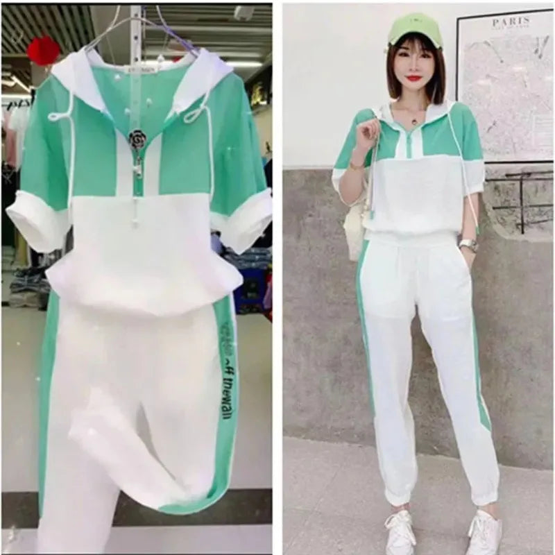 Women's 4XL Plus Size Clothing Spring And Autumn New Casual Fashion Suit Short Sleeve Hooded Tops Pants Two Piece Sets For Women