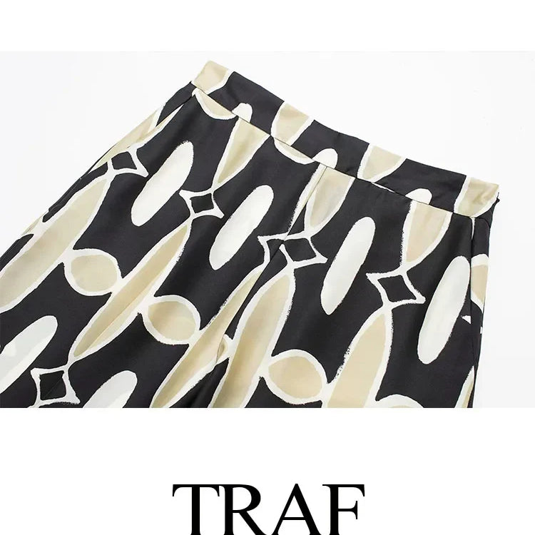 TRAF Women 2 Pieces Set Casual High Waist Pockets Elastic Waist Wide Leg Pant+Chic Printed Lapel Long Sleeve Shirt Blouse