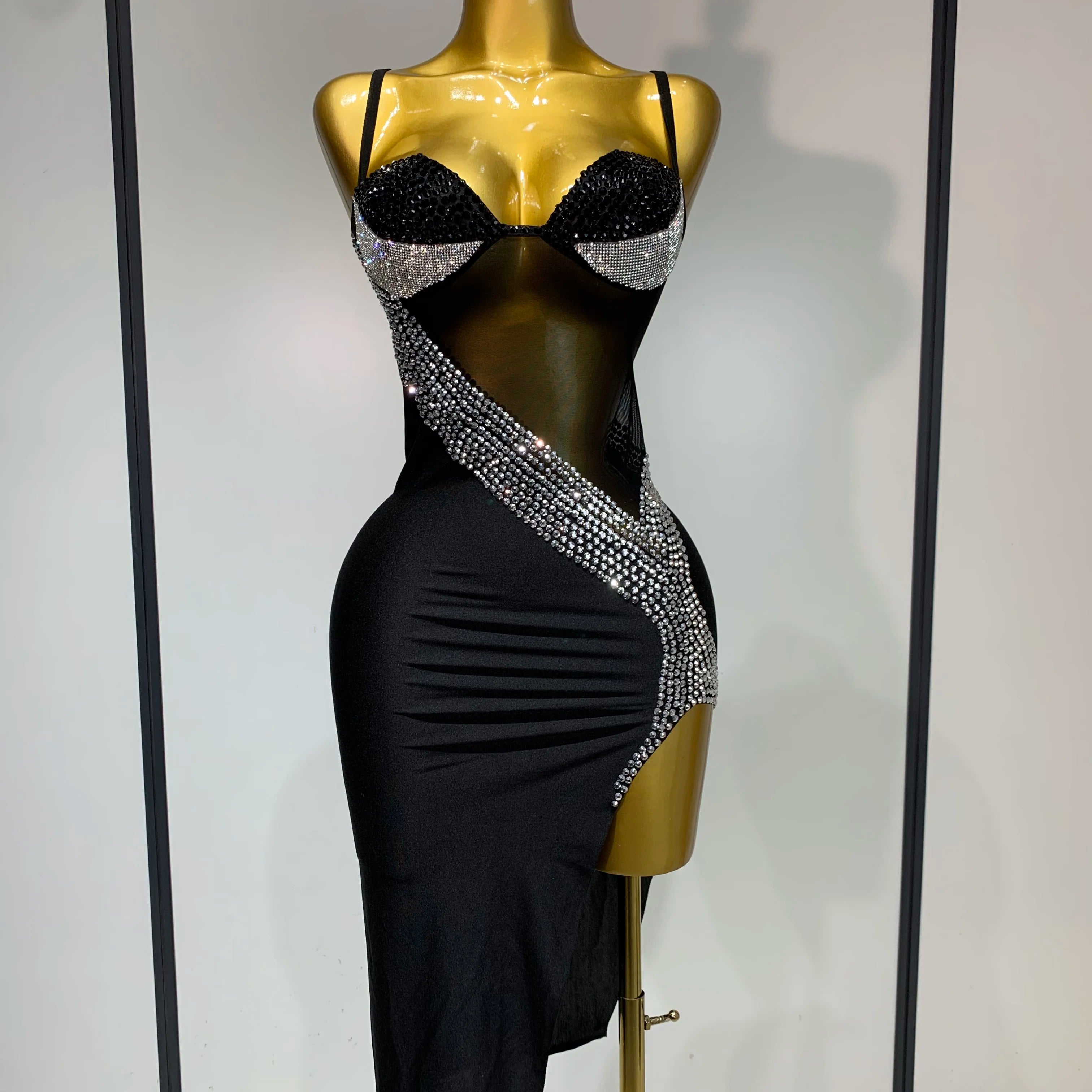 Sparkly Rhinestones Mesh Evening Party Dress Women Sexy Festival Celebrate Dj Nightclub Singer Stage Outfit Birthday Dress black
