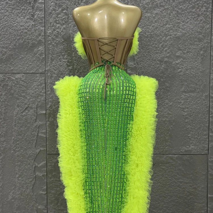 STOCK Women Sexy Mesh Ruffles 2 Pieces Laced-up Ball Gown Long Dress Fashion Nightclub Party Performance Costume Stage Wear