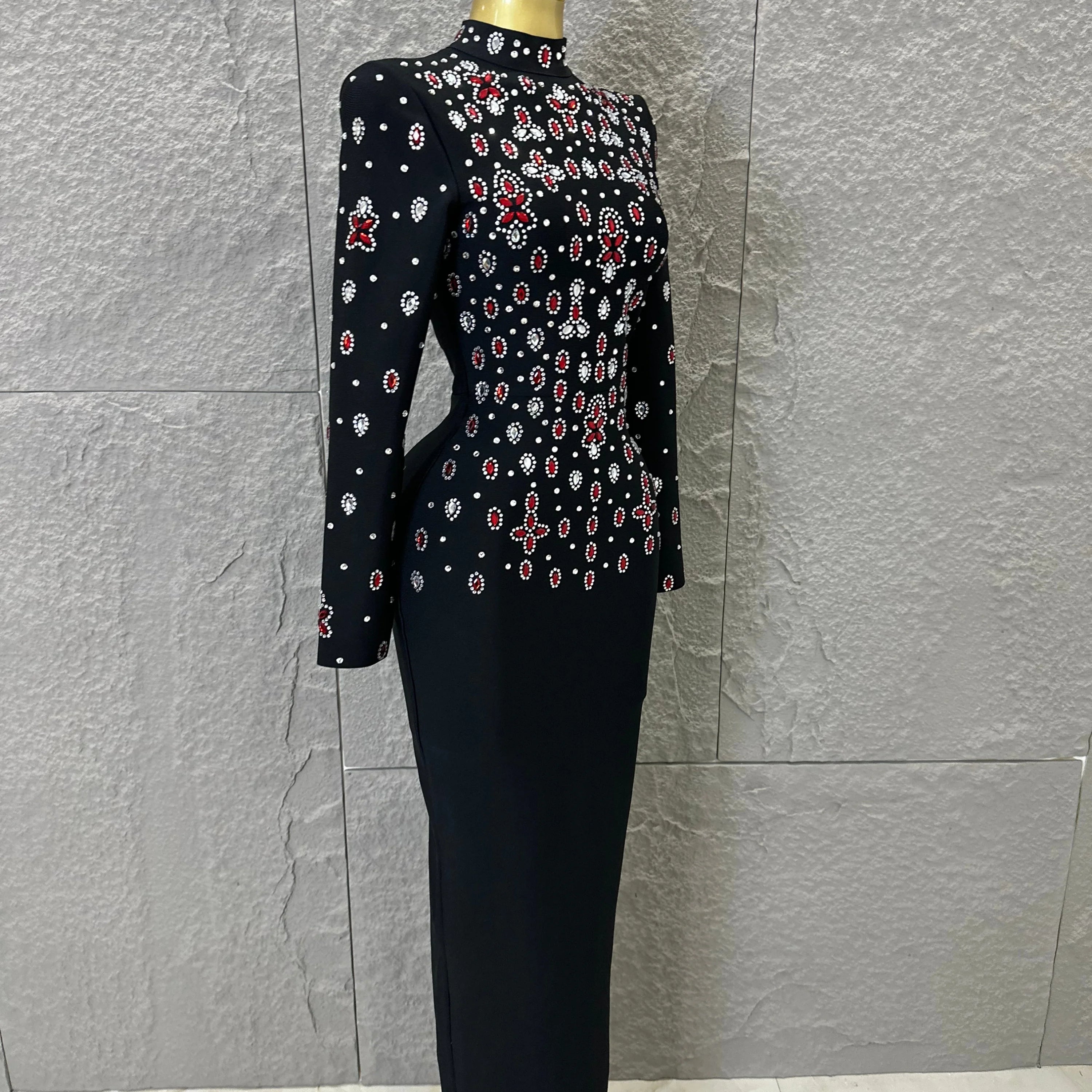 Women Sexy Long Sleeve Crysta  Red Rhinestone Embellished Bodycon Outfit Formal Event Party Elegant Black High Neck Maxi Dress